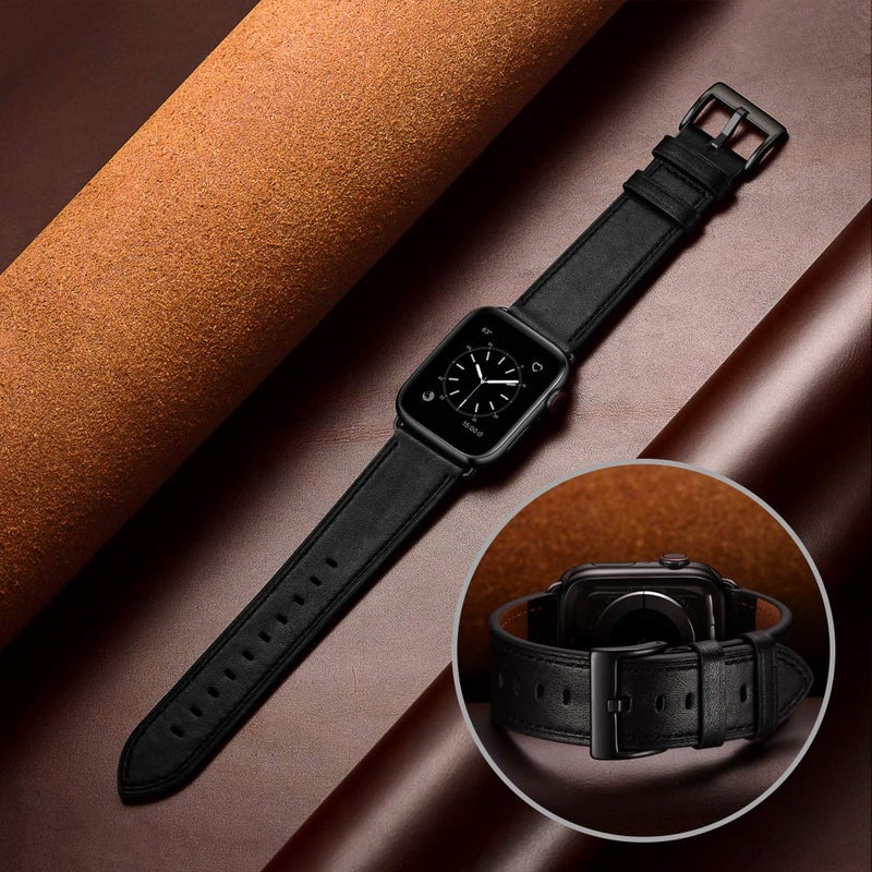 OUHENG Leather Bands Compatible with Apple Watch Band 42mm 41mm 40mm 38mm, Genuine Leather Strap Compatible with Apple Watch Series 11/10/9/8/7/6/5/4/3/2/1 & SE3 SE2 SE, Black/Black - Image 5